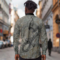 Aten Ancient Egyptian Long Sleeve Button Shirt with Gray Astronomical Chart, Radiant Sun Disc Emblem, and Ankh - Wonder Print Shop