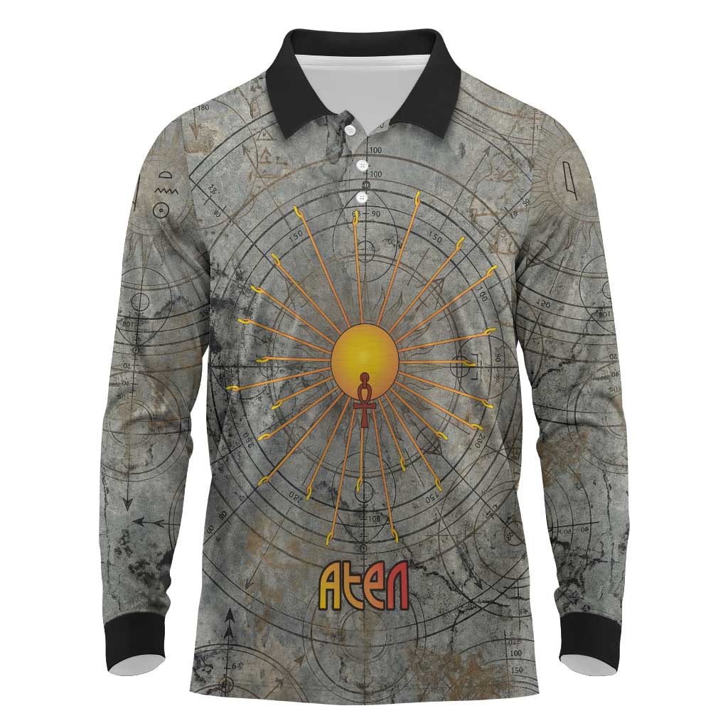 Aten Ancient Egyptian Long Sleeve Polo Shirt with Gray Astronomical Chart, Radiant Sun Disc Emblem, and Ankh - Wonder Print Shop