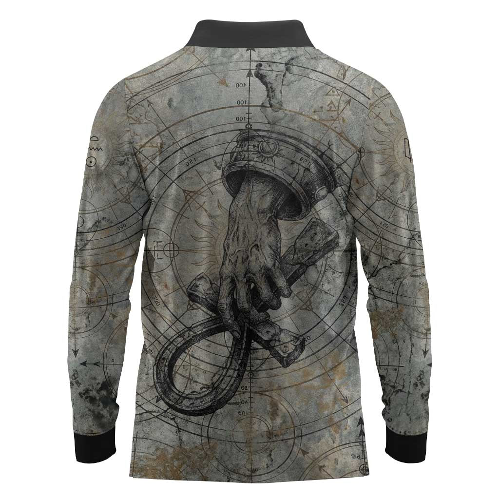 Aten Ancient Egyptian Long Sleeve Polo Shirt with Gray Astronomical Chart, Radiant Sun Disc Emblem, and Ankh - Wonder Print Shop