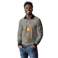 Aten Ancient Egyptian Long Sleeve Polo Shirt with Gray Astronomical Chart, Radiant Sun Disc Emblem, and Ankh - Wonder Print Shop