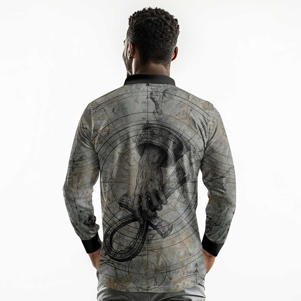 Aten Ancient Egyptian Long Sleeve Polo Shirt with Gray Astronomical Chart, Radiant Sun Disc Emblem, and Ankh - Wonder Print Shop