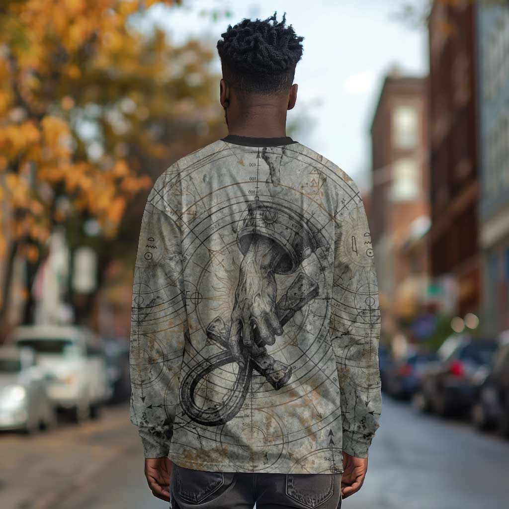 Aten Ancient Egyptian Long Sleeve Shirt with Gray Astronomical Chart, Radiant Sun Disc Emblem, and Ankh - Wonder Print Shop