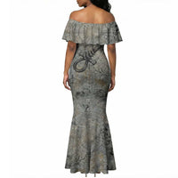 Aten Ancient Egyptian Mermaid Dress with Gray Astronomical Chart, Radiant Sun Disc Emblem, and Ankh - Wonder Print Shop