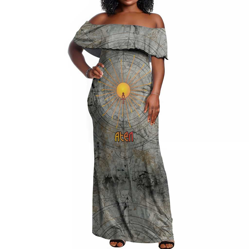 Aten Ancient Egyptian Off Shoulder Maxi Dress with Gray Astronomical Chart, Radiant Sun Disc Emblem, and Ankh - Wonder Print Shop