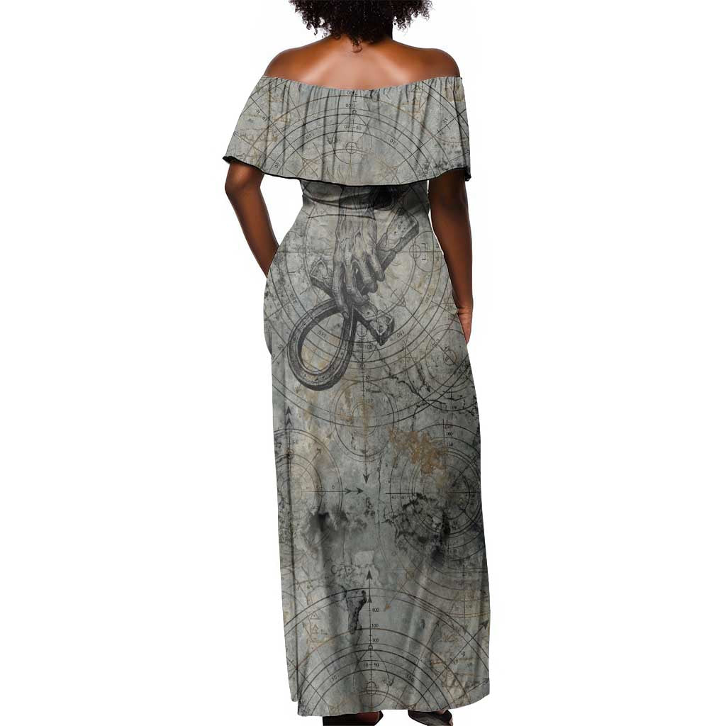 Aten Ancient Egyptian Off Shoulder Maxi Dress with Gray Astronomical Chart, Radiant Sun Disc Emblem, and Ankh - Wonder Print Shop