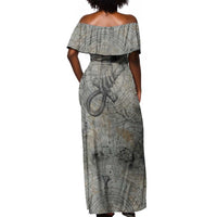 Aten Ancient Egyptian Off Shoulder Maxi Dress with Gray Astronomical Chart, Radiant Sun Disc Emblem, and Ankh - Wonder Print Shop