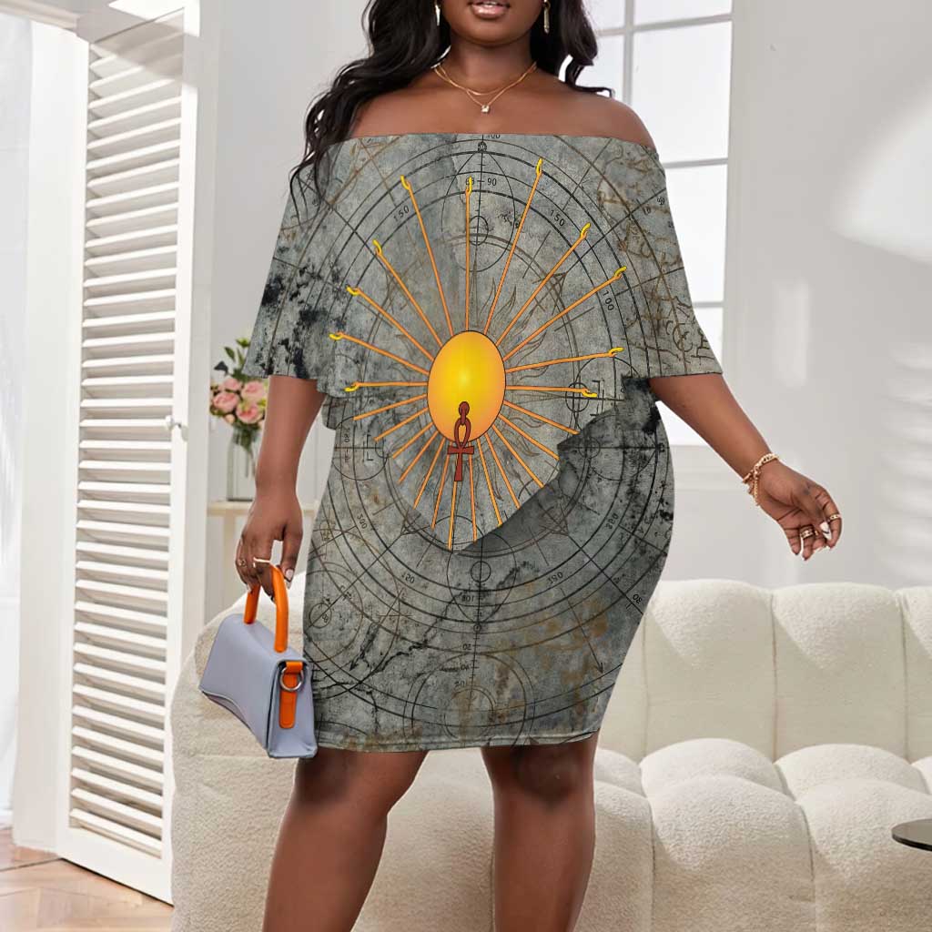 Aten Ancient Egyptian Off Shoulder Short Dress with Gray Astronomical Chart, Radiant Sun Disc Emblem, and Ankh - Wonder Print Shop