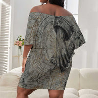 Aten Ancient Egyptian Off Shoulder Short Dress with Gray Astronomical Chart, Radiant Sun Disc Emblem, and Ankh - Wonder Print Shop