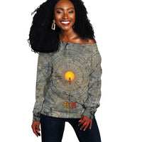 Aten Ancient Egyptian Off Shoulder Sweater with Gray Astronomical Chart, Radiant Sun Disc Emblem, and Ankh - Wonder Print Shop