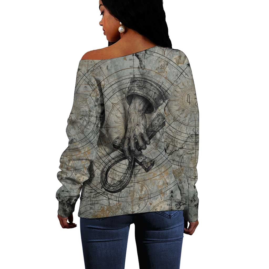 Aten Ancient Egyptian Off Shoulder Sweater with Gray Astronomical Chart, Radiant Sun Disc Emblem, and Ankh - Wonder Print Shop