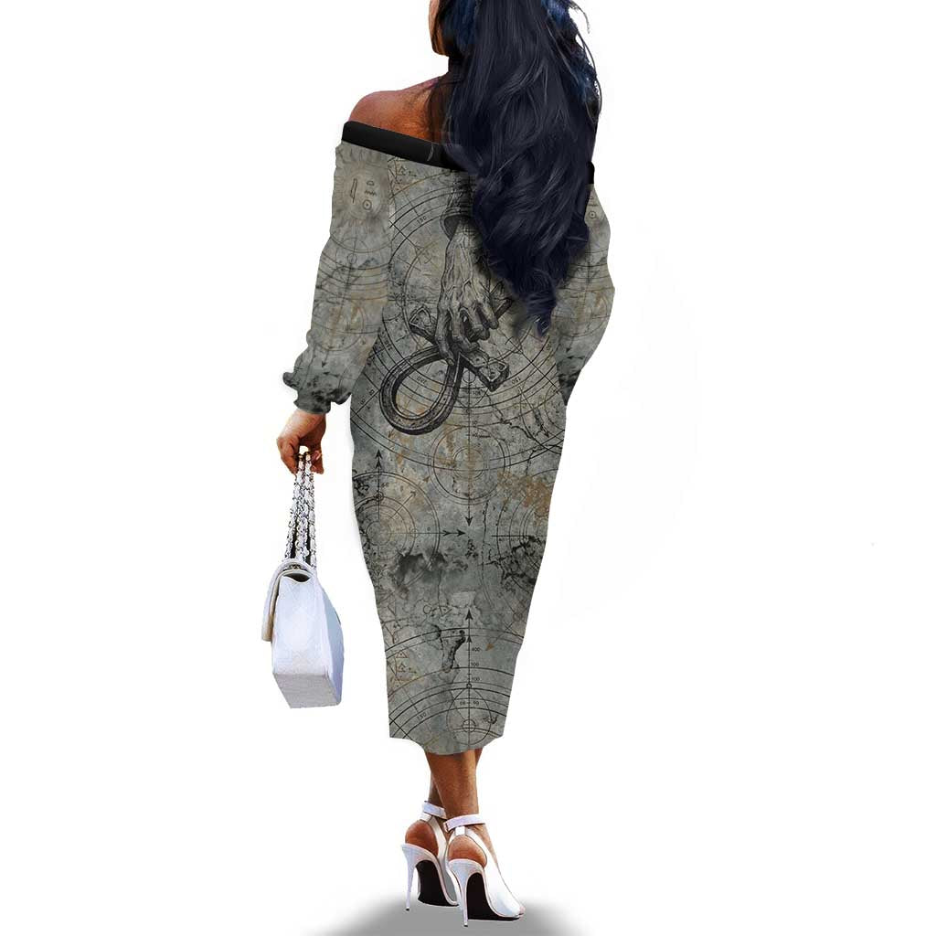Aten Ancient Egyptian Off The Shoulder Long Sleeve Dress with Gray Astronomical Chart, Radiant Sun Disc Emblem, and Ankh - Wonder Print Shop