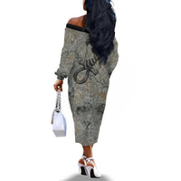 Aten Ancient Egyptian Off The Shoulder Long Sleeve Dress with Gray Astronomical Chart, Radiant Sun Disc Emblem, and Ankh - Wonder Print Shop