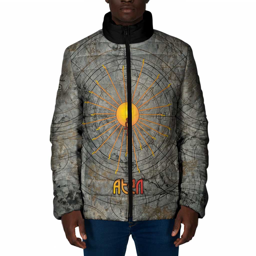 Aten Ancient Egyptian Padded Jacket with Gray Astronomical Chart, Radiant Sun Disc Emblem, and Ankh - Wonder Print Shop