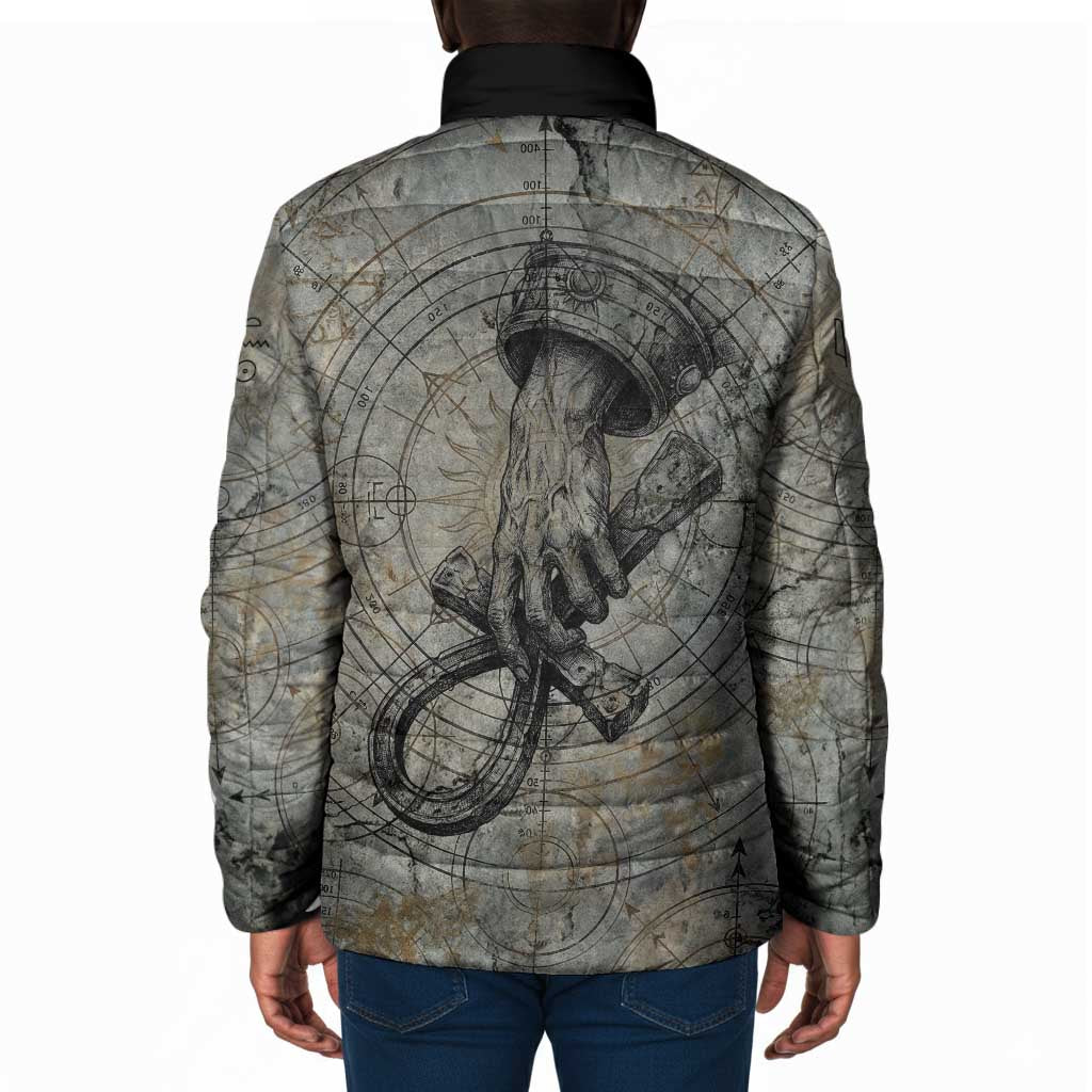 Aten Ancient Egyptian Padded Jacket with Gray Astronomical Chart, Radiant Sun Disc Emblem, and Ankh - Wonder Print Shop