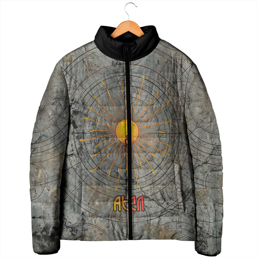 Aten Ancient Egyptian Padded Jacket with Gray Astronomical Chart, Radiant Sun Disc Emblem, and Ankh - Wonder Print Shop