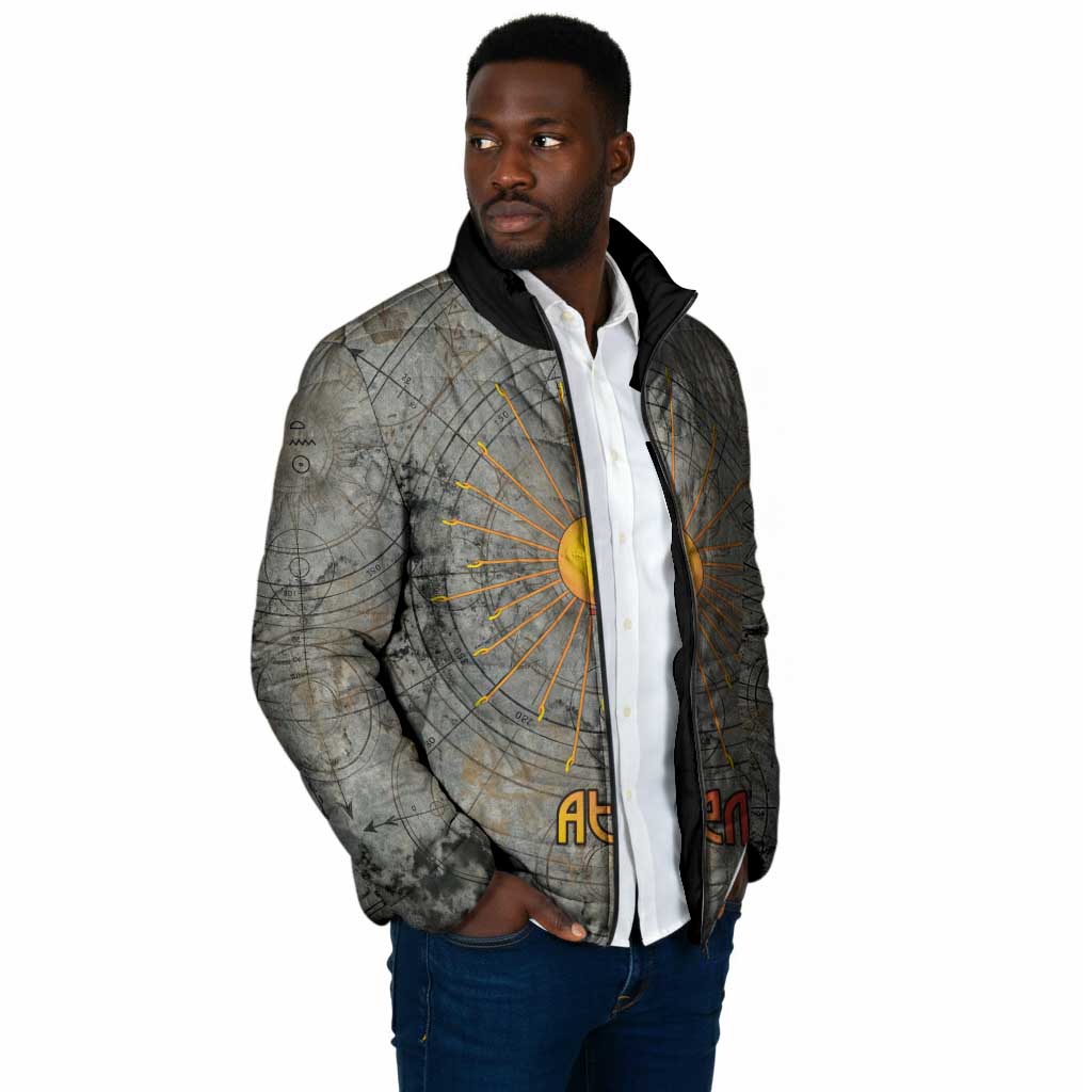 Aten Ancient Egyptian Padded Jacket with Gray Astronomical Chart, Radiant Sun Disc Emblem, and Ankh - Wonder Print Shop