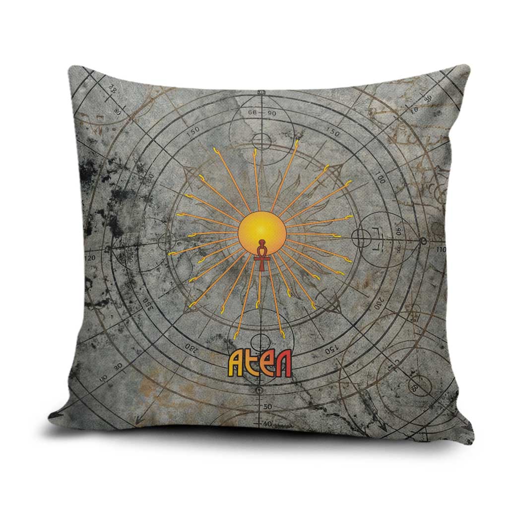 Aten Ancient Egyptian Pillow Cover with Gray Astronomical Chart, Radiant Sun Disc Emblem, and Ankh - Wonder Print Shop