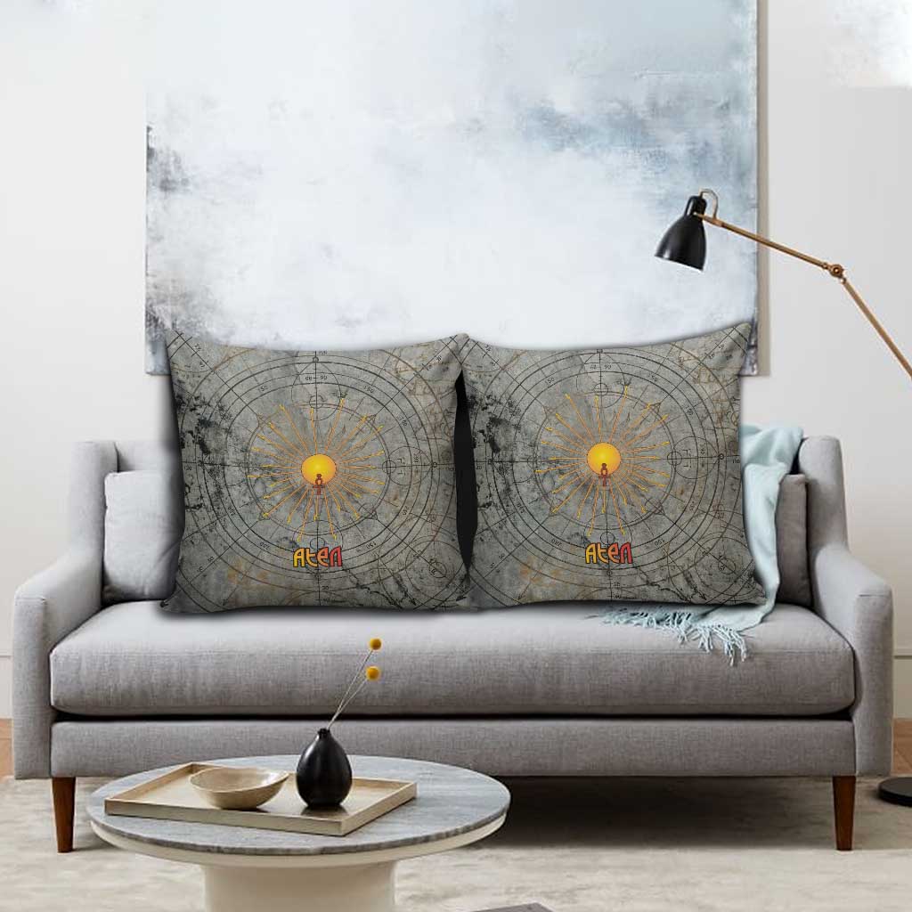 Aten Ancient Egyptian Pillow Cover with Gray Astronomical Chart, Radiant Sun Disc Emblem, and Ankh - Wonder Print Shop
