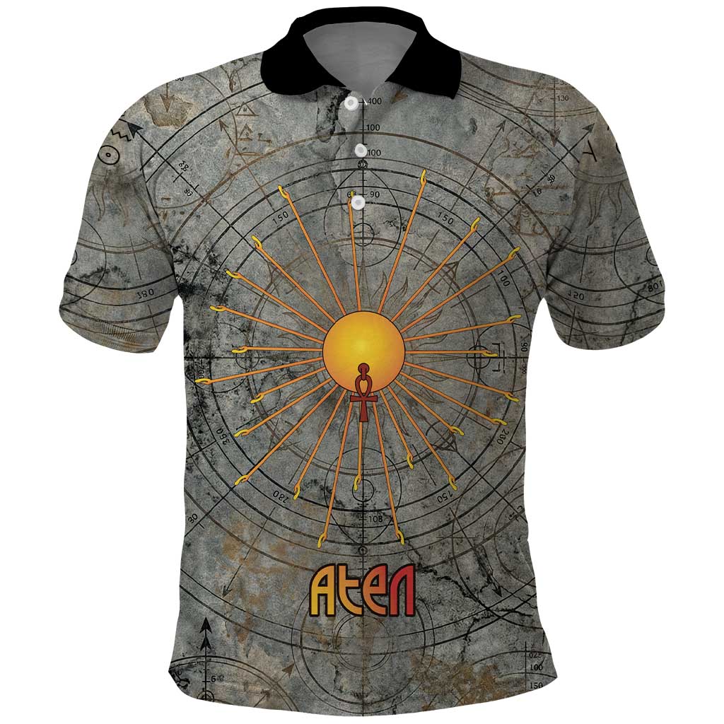 Aten Ancient Egyptian Polo Shirt with Gray Astronomical Chart, Radiant Sun Disc Emblem, and Ankh - Wonder Print Shop