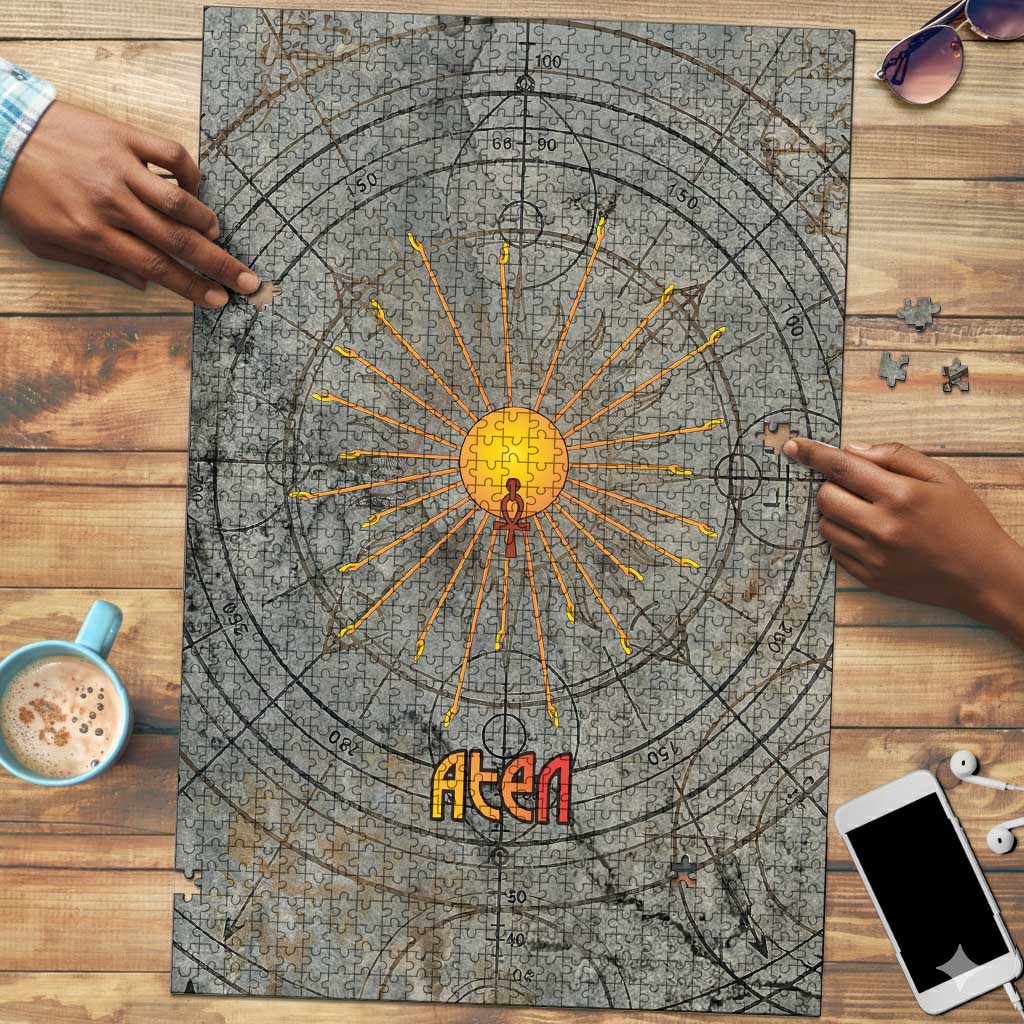 Aten Ancient Egyptian Puzzle with Gray Astronomical Chart, Radiant Sun Disc Emblem, and Ankh - Wonder Print Shop