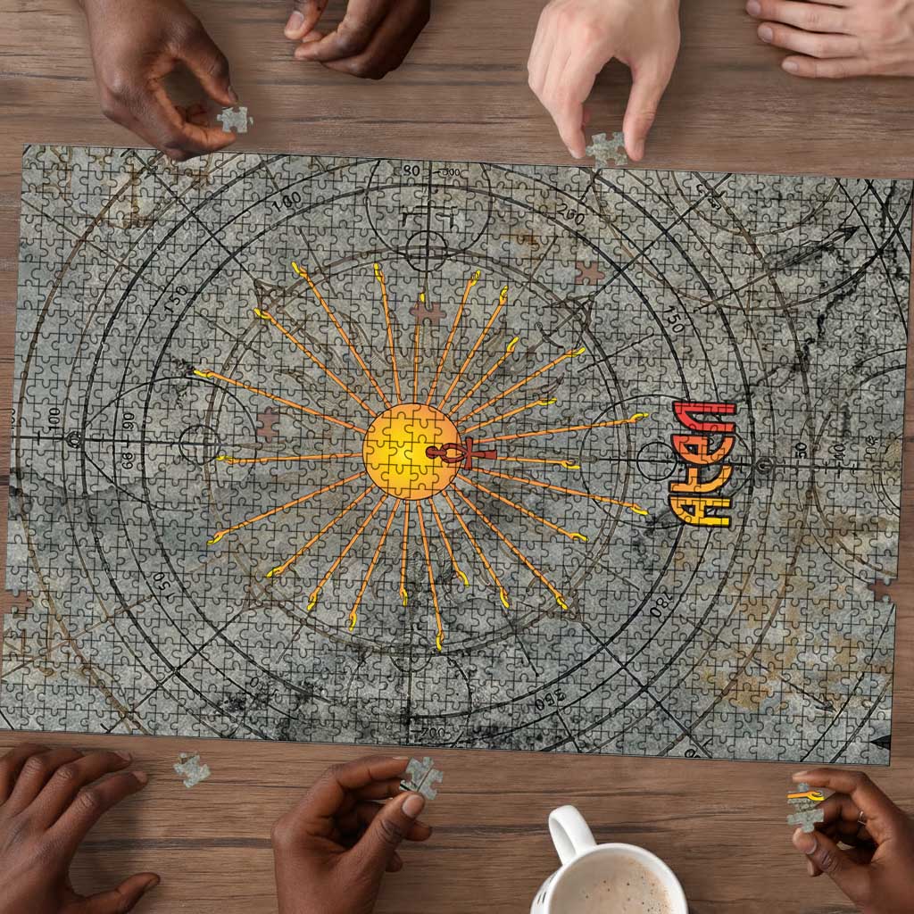 Aten Ancient Egyptian Puzzle with Gray Astronomical Chart, Radiant Sun Disc Emblem, and Ankh - Wonder Print Shop