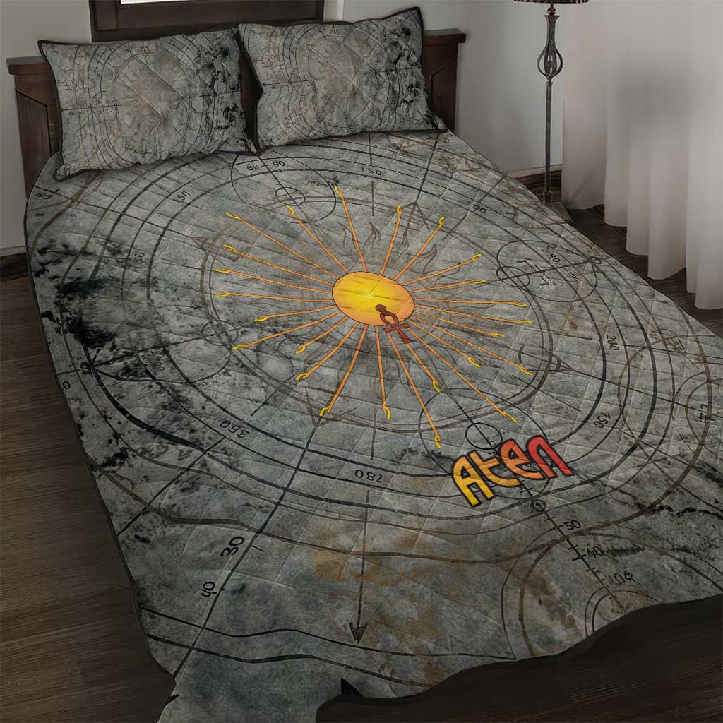 Aten Ancient Egyptian Quilt Bed Set with Gray Astronomical Chart, Radiant Sun Disc Emblem, and Ankh - Wonder Print Shop