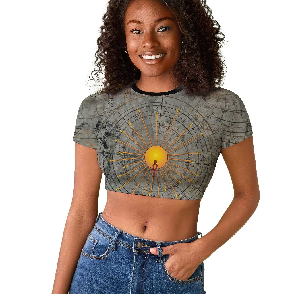 Aten Ancient Egyptian Raglan Cropped T shirt with Gray Astronomical Chart, Radiant Sun Disc Emblem, and Ankh - Wonder Print Shop