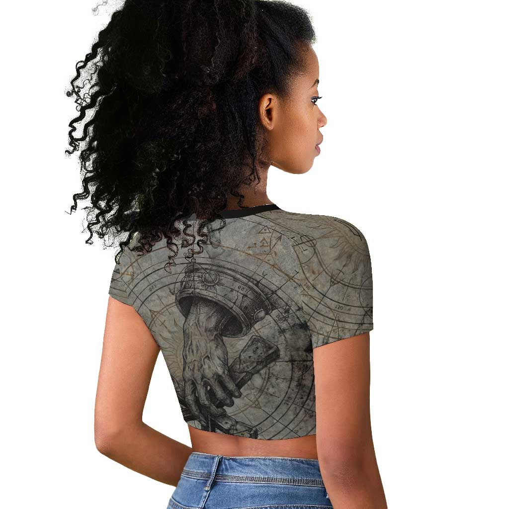 Aten Ancient Egyptian Raglan Cropped T shirt with Gray Astronomical Chart, Radiant Sun Disc Emblem, and Ankh - Wonder Print Shop