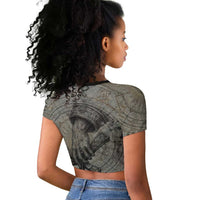 Aten Ancient Egyptian Raglan Cropped T shirt with Gray Astronomical Chart, Radiant Sun Disc Emblem, and Ankh - Wonder Print Shop