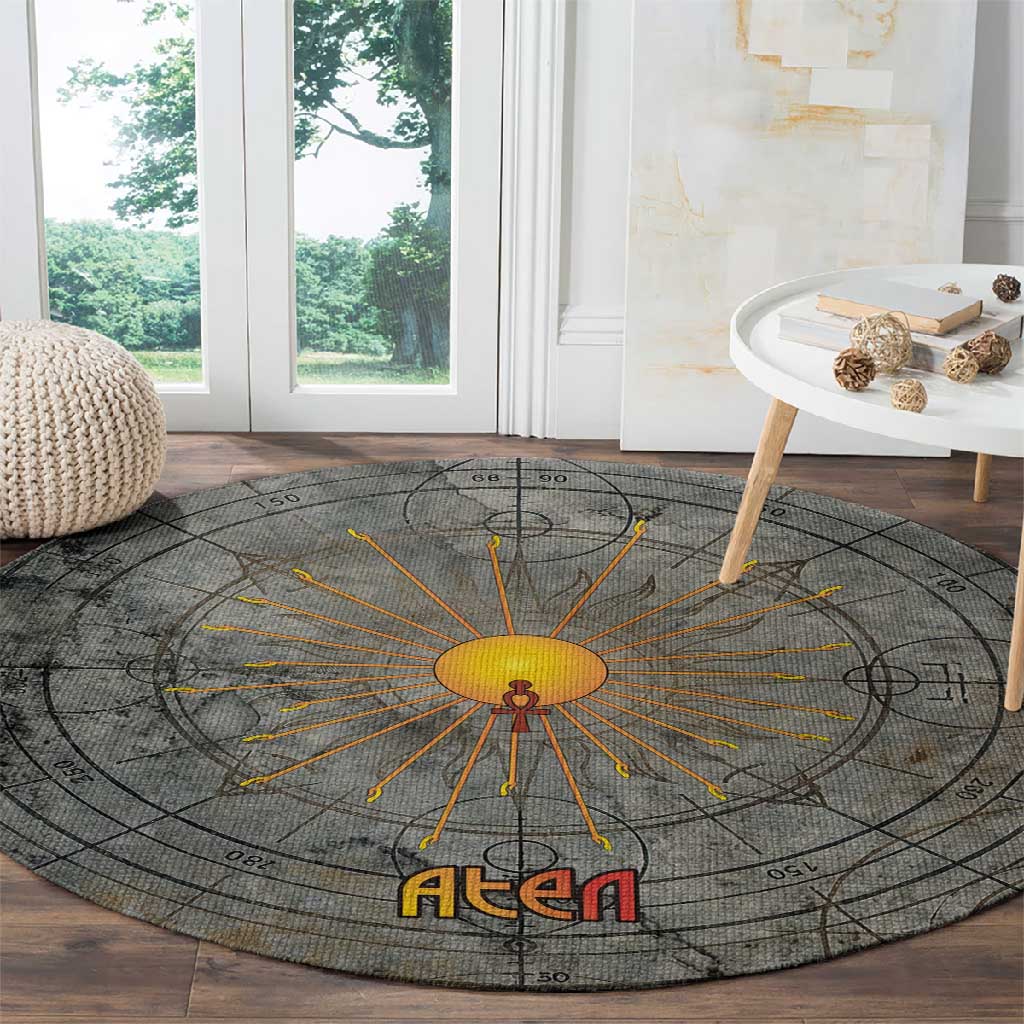 Aten Ancient Egyptian Round Carpet with Gray Astronomical Chart, Radiant Sun Disc Emblem, and Ankh - Wonder Print Shop