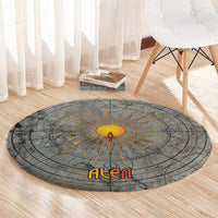 Aten Ancient Egyptian Round Carpet with Gray Astronomical Chart, Radiant Sun Disc Emblem, and Ankh - Wonder Print Shop