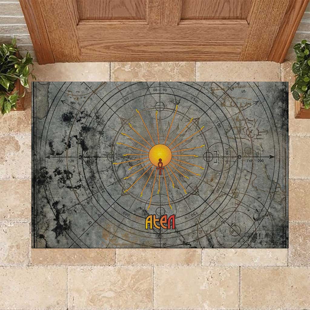 Aten Ancient Egyptian Rubber Doormat with Gray Astronomical Chart, Radiant Sun Disc Emblem, and Ankh - Wonder Print Shop