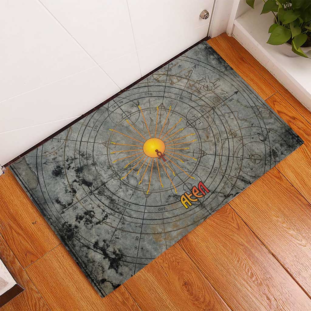 Aten Ancient Egyptian Rubber Doormat with Gray Astronomical Chart, Radiant Sun Disc Emblem, and Ankh - Wonder Print Shop