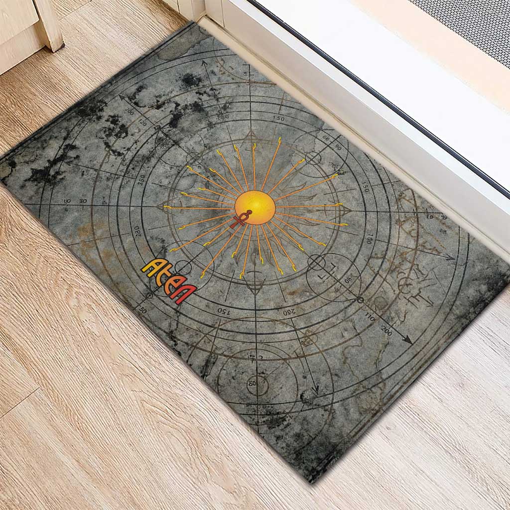 Aten Ancient Egyptian Rubber Doormat with Gray Astronomical Chart, Radiant Sun Disc Emblem, and Ankh - Wonder Print Shop