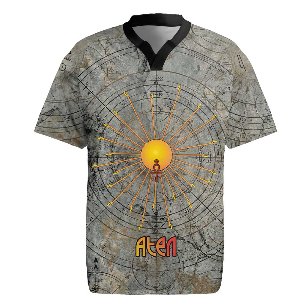 Aten Ancient Egyptian Rugby Jersey with Gray Astronomical Chart, Radiant Sun Disc Emblem, and Ankh - Wonder Print Shop
