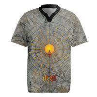 Aten Ancient Egyptian Rugby Jersey with Gray Astronomical Chart, Radiant Sun Disc Emblem, and Ankh - Wonder Print Shop