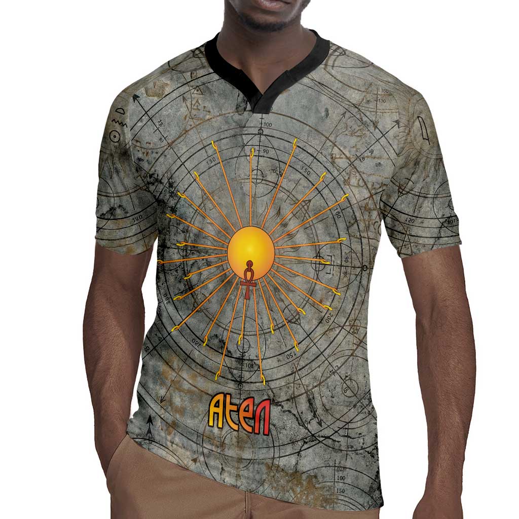 Aten Ancient Egyptian Rugby Jersey with Gray Astronomical Chart, Radiant Sun Disc Emblem, and Ankh - Wonder Print Shop