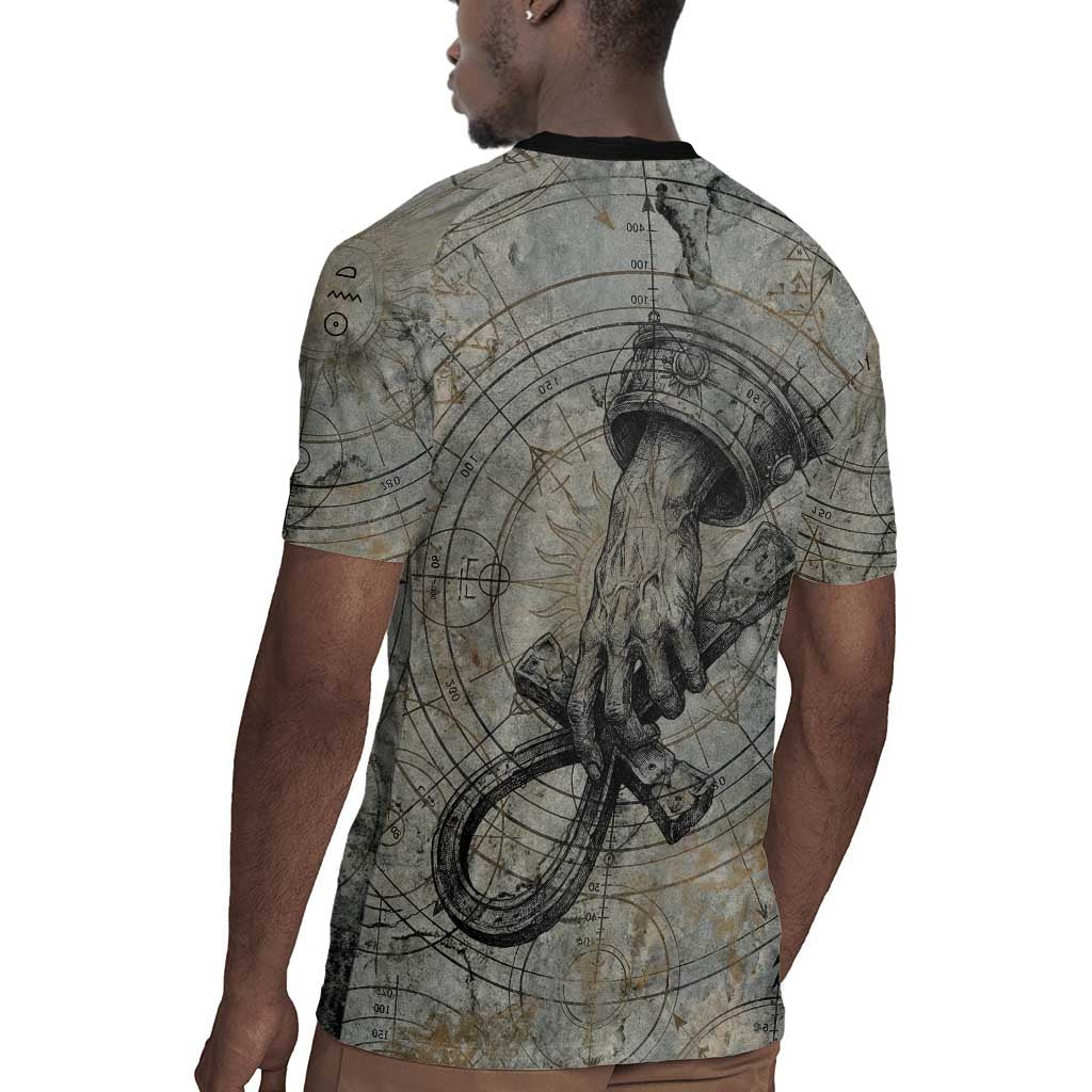 Aten Ancient Egyptian Rugby Jersey with Gray Astronomical Chart, Radiant Sun Disc Emblem, and Ankh - Wonder Print Shop