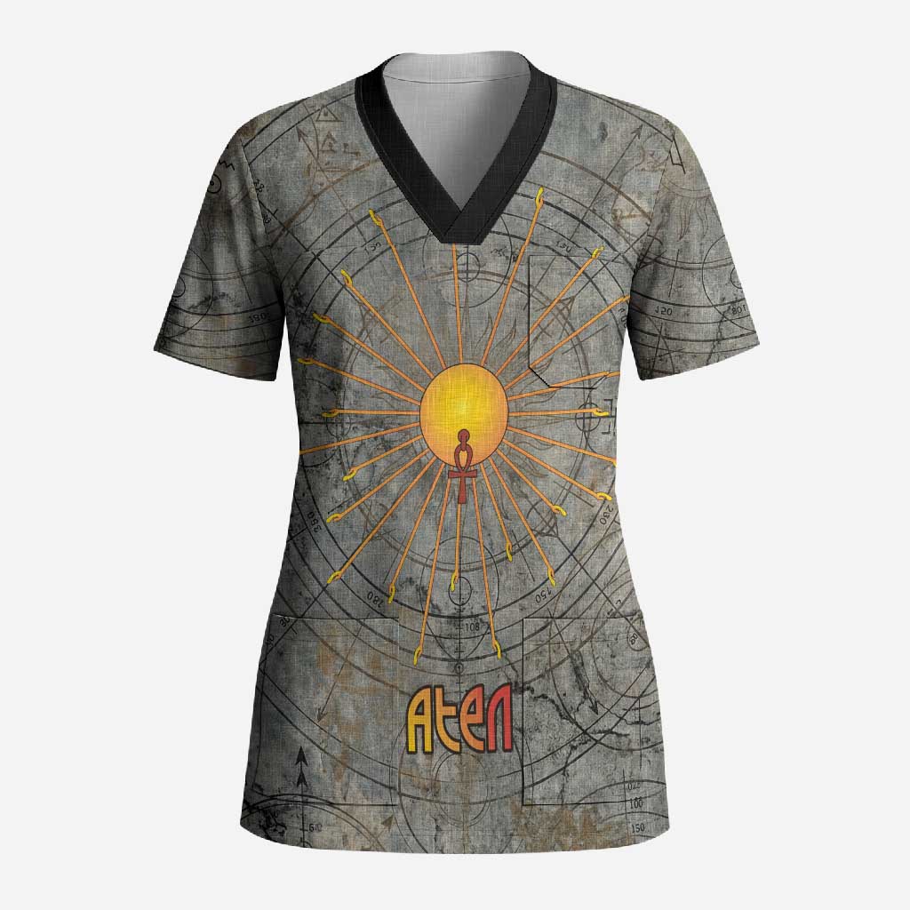 Aten Ancient Egyptian Scrub Top with Gray Astronomical Chart, Radiant Sun Disc Emblem, and Ankh - Wonder Print Shop