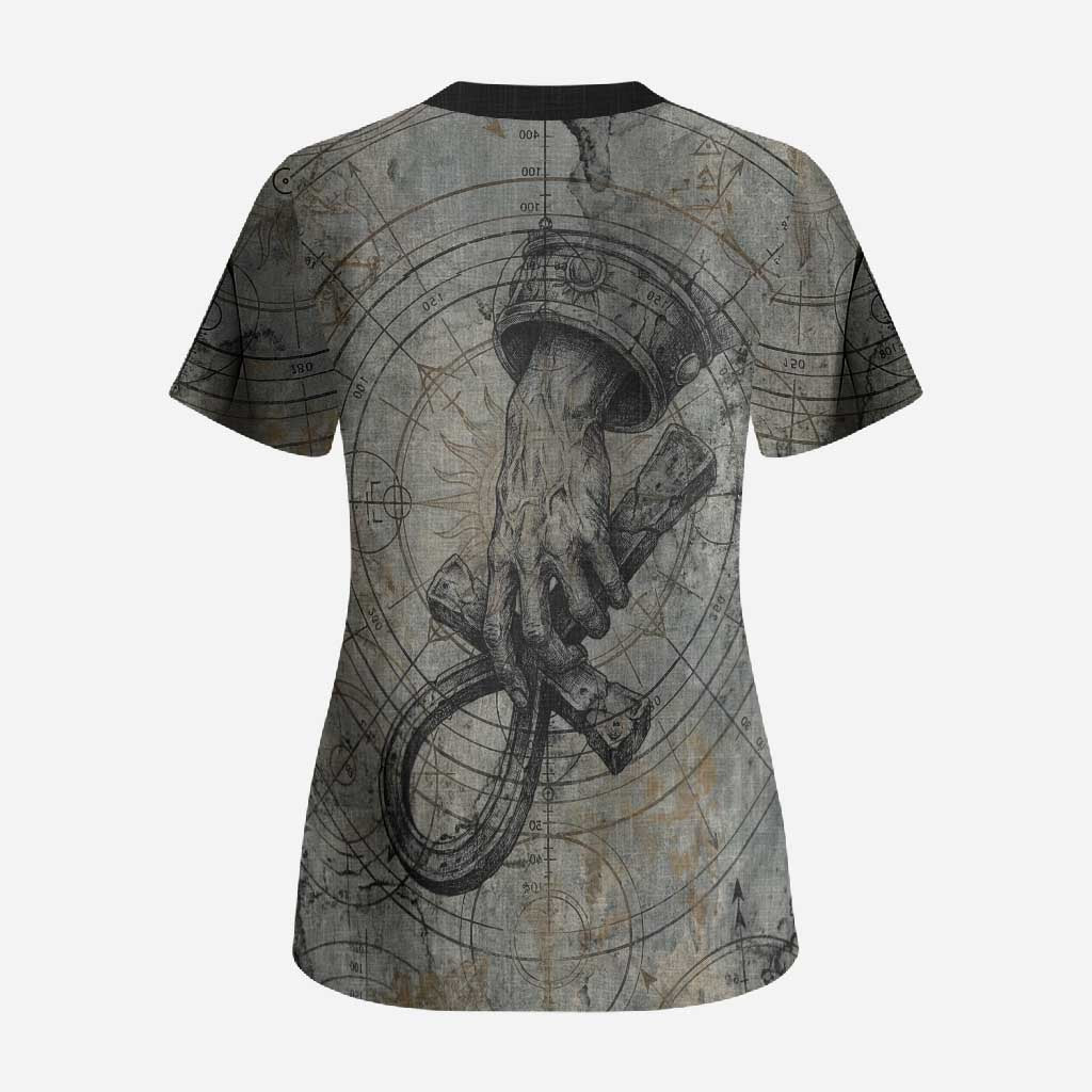 Aten Ancient Egyptian Scrub Top with Gray Astronomical Chart, Radiant Sun Disc Emblem, and Ankh - Wonder Print Shop