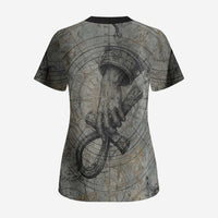 Aten Ancient Egyptian Scrub Top with Gray Astronomical Chart, Radiant Sun Disc Emblem, and Ankh - Wonder Print Shop