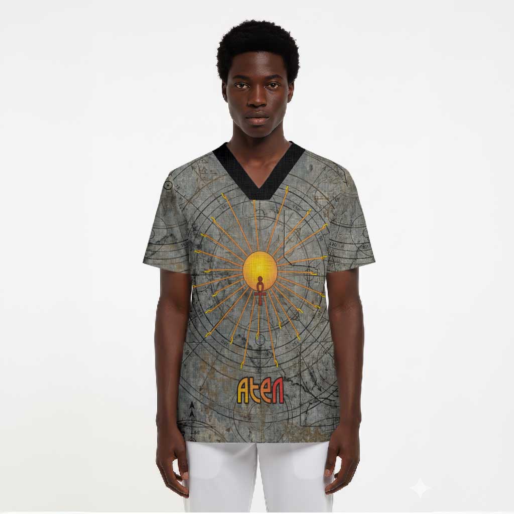 Aten Ancient Egyptian Scrub Top with Gray Astronomical Chart, Radiant Sun Disc Emblem, and Ankh - Wonder Print Shop