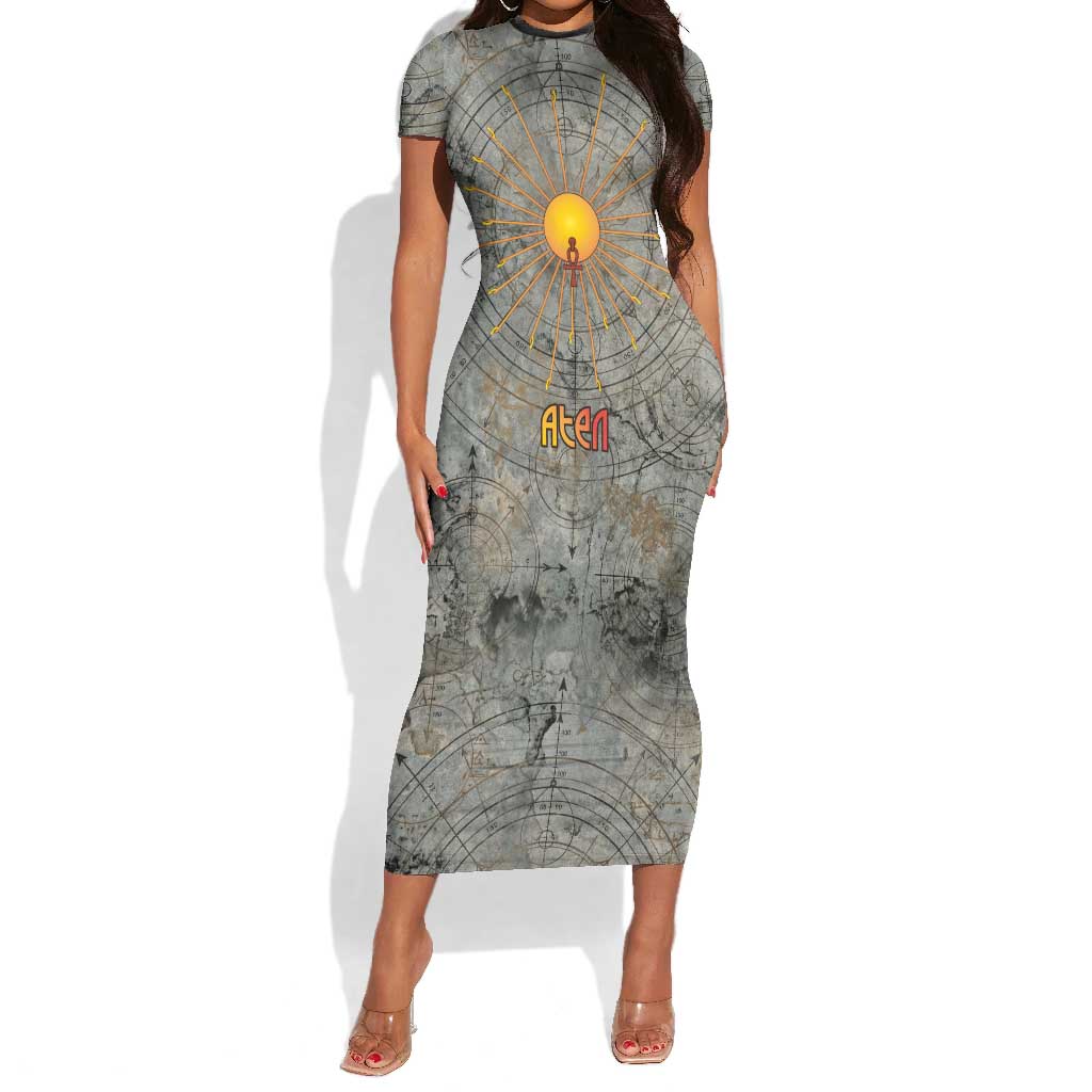 Aten Ancient Egyptian Short Sleeve Bodycon Dress with Gray Astronomical Chart, Radiant Sun Disc Emblem, and Ankh - Wonder Print Shop