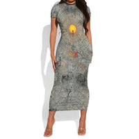 Aten Ancient Egyptian Short Sleeve Bodycon Dress with Gray Astronomical Chart, Radiant Sun Disc Emblem, and Ankh - Wonder Print Shop