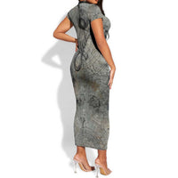 Aten Ancient Egyptian Short Sleeve Bodycon Dress with Gray Astronomical Chart, Radiant Sun Disc Emblem, and Ankh - Wonder Print Shop