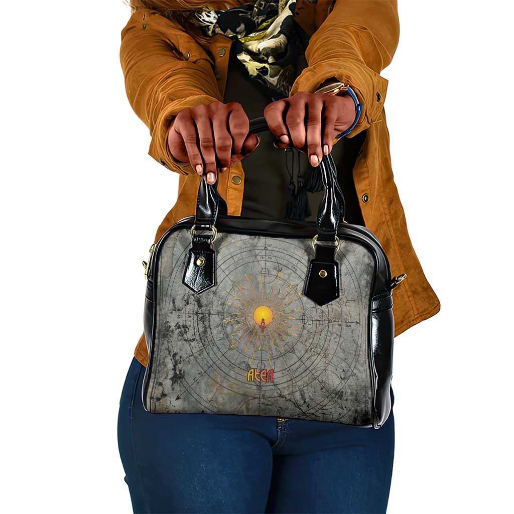 Aten Ancient Egyptian Shoulder Handbag with Gray Astronomical Chart, Radiant Sun Disc Emblem, and Ankh - Wonder Print Shop