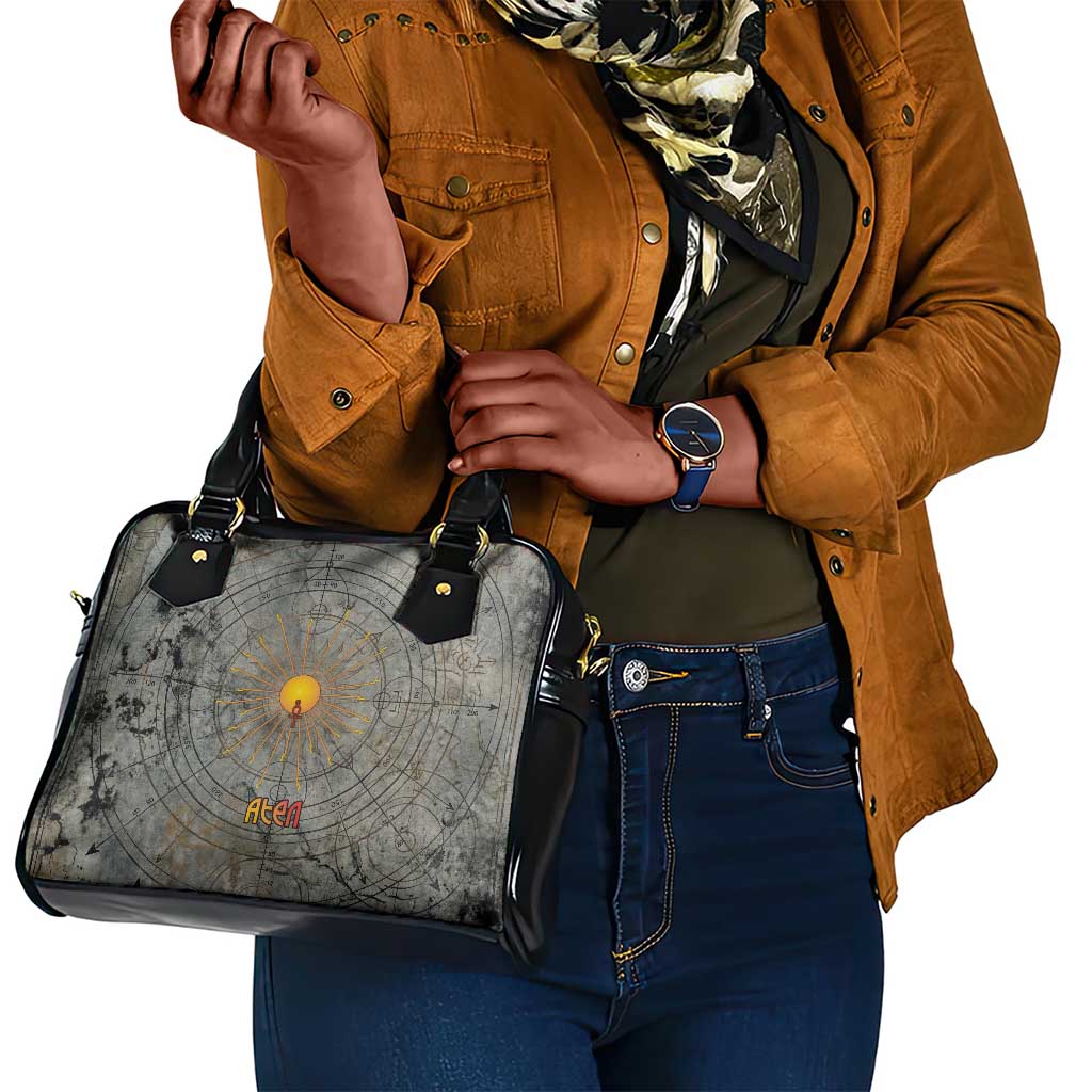 Aten Ancient Egyptian Shoulder Handbag with Gray Astronomical Chart, Radiant Sun Disc Emblem, and Ankh - Wonder Print Shop