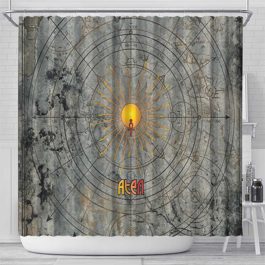 Aten Ancient Egyptian Shower Curtain with Gray Astronomical Chart, Radiant Sun Disc Emblem, and Ankh - Wonder Print Shop