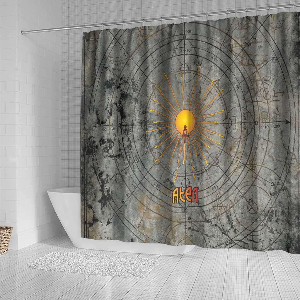 Aten Ancient Egyptian Shower Curtain with Gray Astronomical Chart, Radiant Sun Disc Emblem, and Ankh - Wonder Print Shop