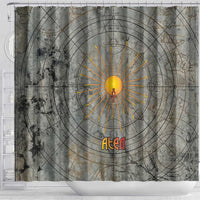 Aten Ancient Egyptian Shower Curtain with Gray Astronomical Chart, Radiant Sun Disc Emblem, and Ankh - Wonder Print Shop